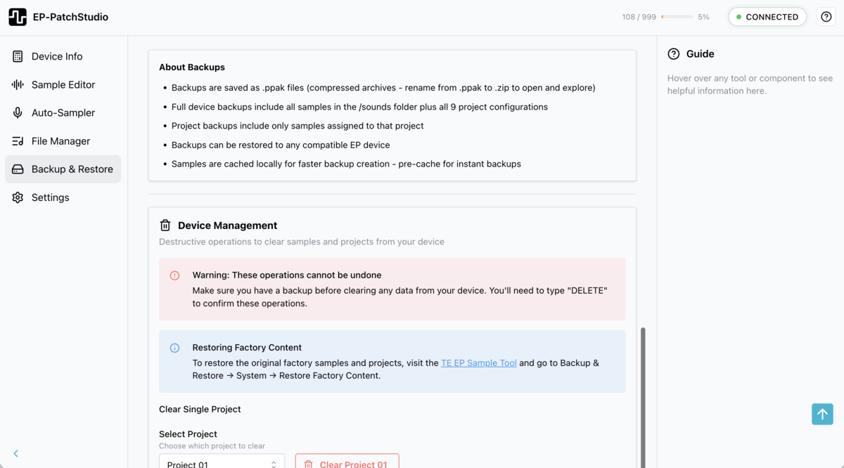 Backup & Restore interface showing device management options with backup type selection and project options