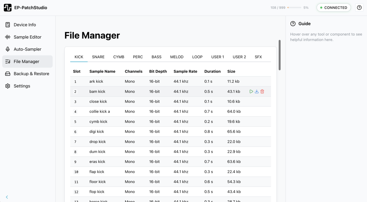 File Manager showing sample list with kick drum category selected, displaying sample details and action buttons