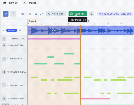 Piano roll view showing note events across pad lanes with playback